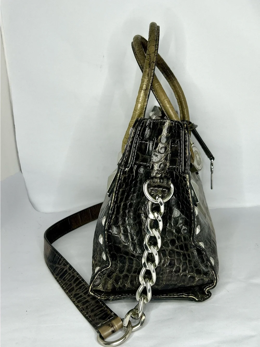 Michael Kors Hamilton Studded Ombre Gray Crocodile Croc Leather Purse Satchel